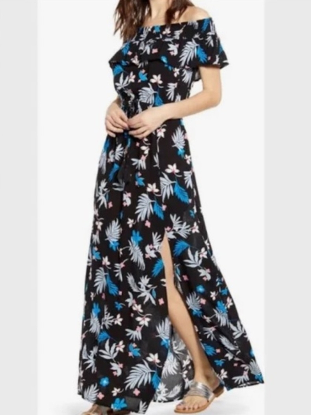 ☆Off-Shoulder Black Blue White Floral Maxi Dress Side Slits Lightweight XL